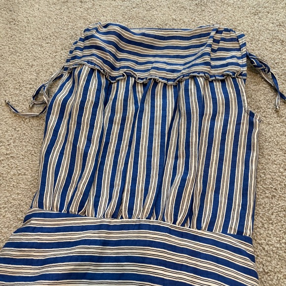 Veronica Beard Teagan Stripe Ruched Midi Dress Womens 2 Blue Linen Blend Chic - Picture 8 of 9